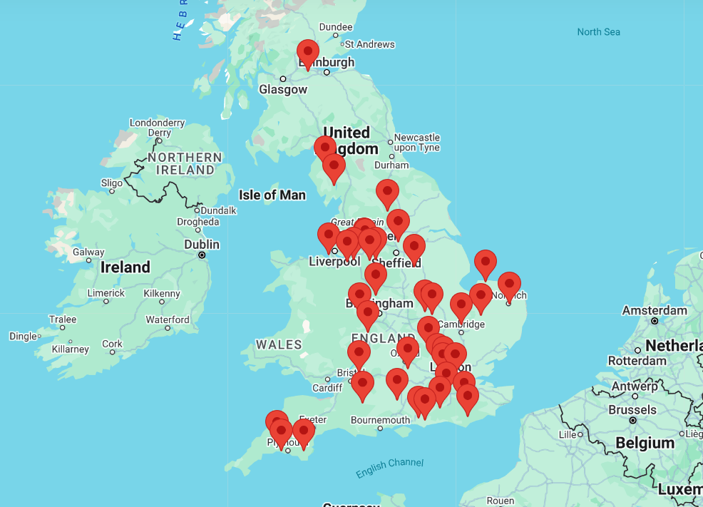 Private Foraging Course Locations Map of Private Foraging Course Locations with Pins on it
